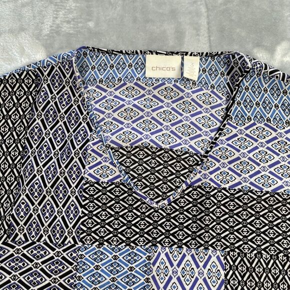 Chico's Top Womens 3 Blue Purple Geo Brit Geometric Relaxed Fit Flutter Sleeve - Picture 2 of 16